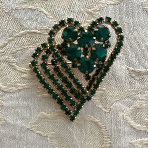 Emerald Green Rhinestone Double Heart Broach/Pin